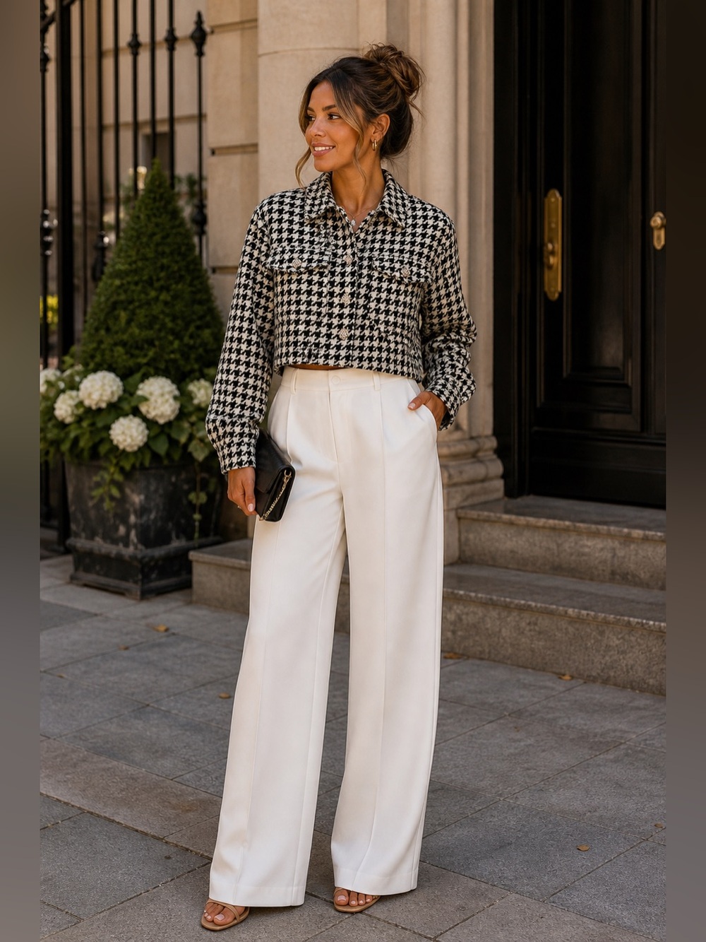 entro Black & White Houndstooth Cropped Button-Front Jacket